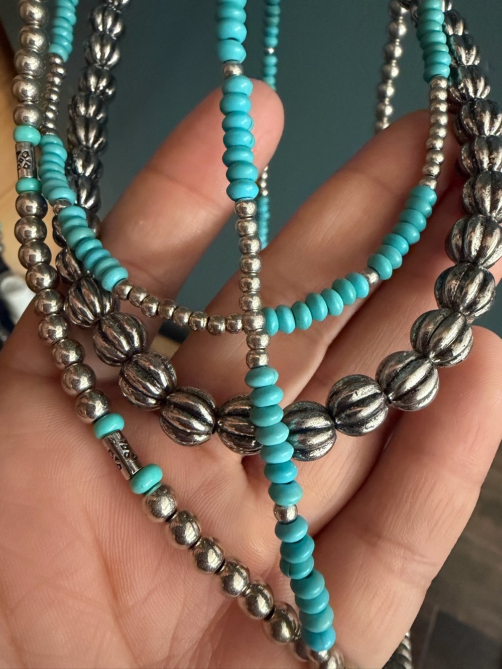Multi-Strand Turquoise & Silver Bead Necklace - Women Jewelry - Picture 4 of 5